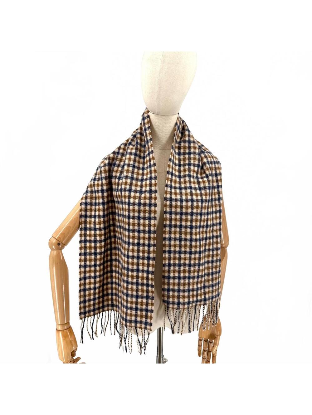 Vintage 80s Aquascutum Navy Tan 100% Wool Club Check Scarf